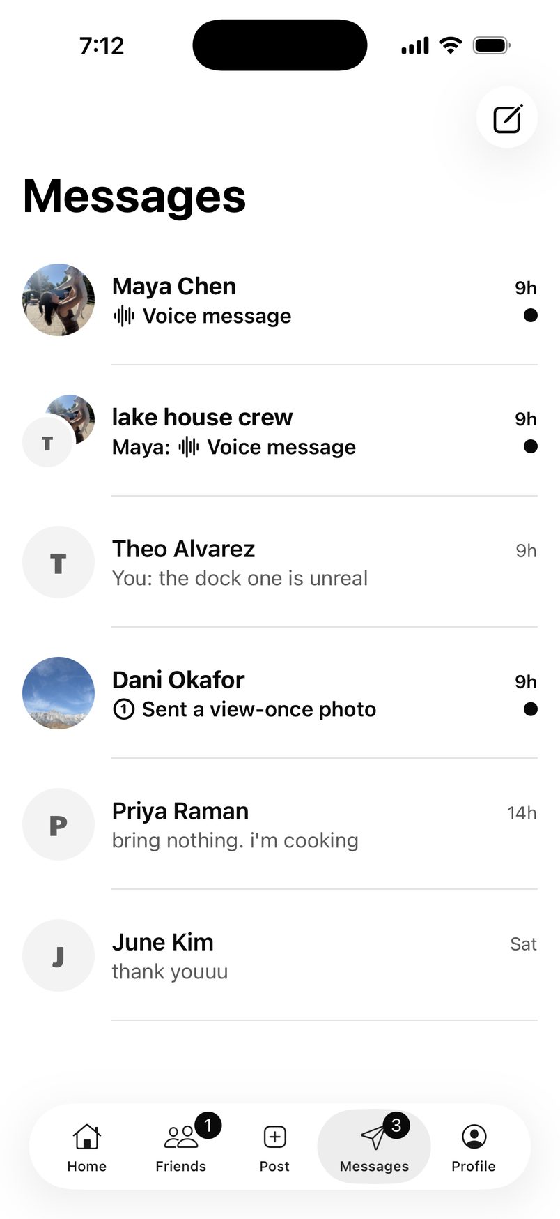 The Messages inbox with a group chat, voice messages and a view-once photo.
