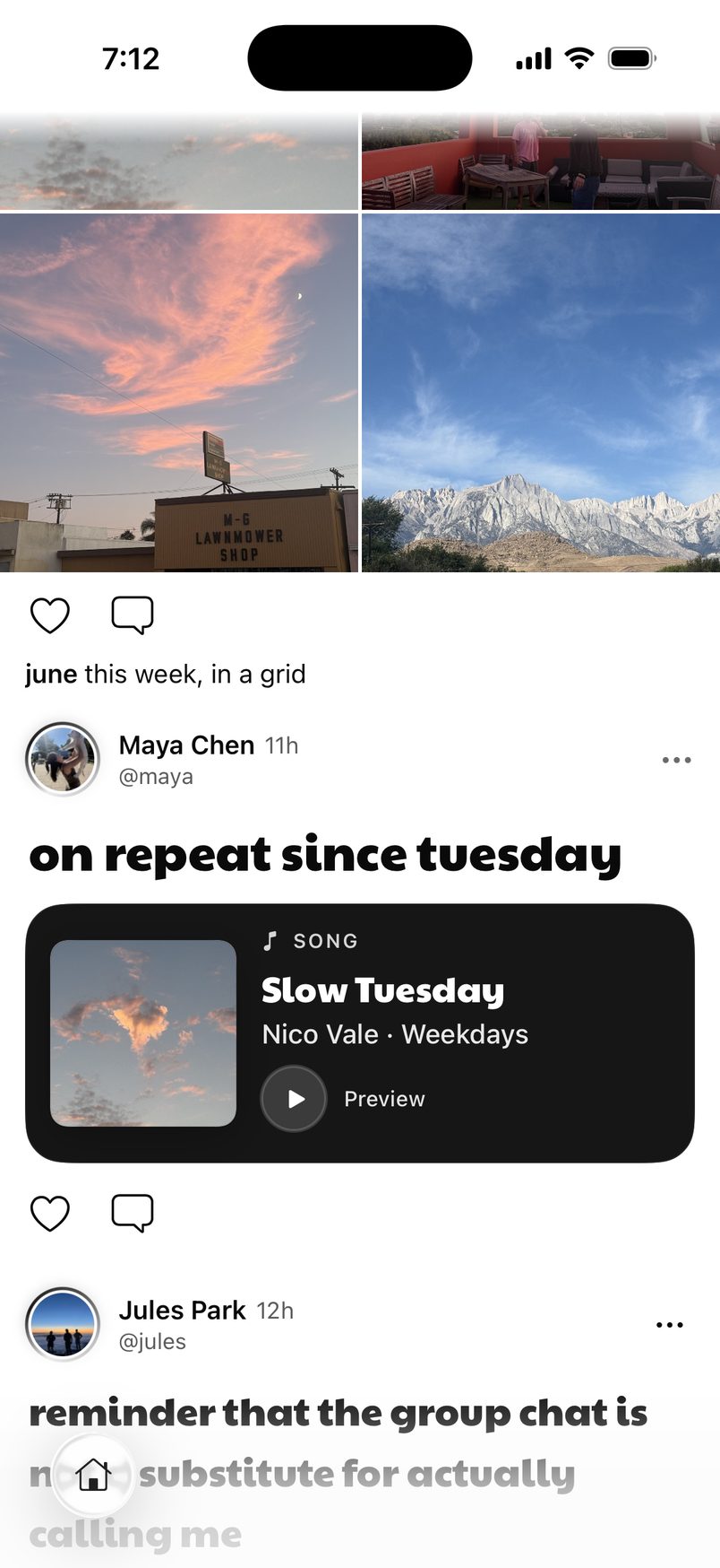 A song shared to the feed, with a preview button.