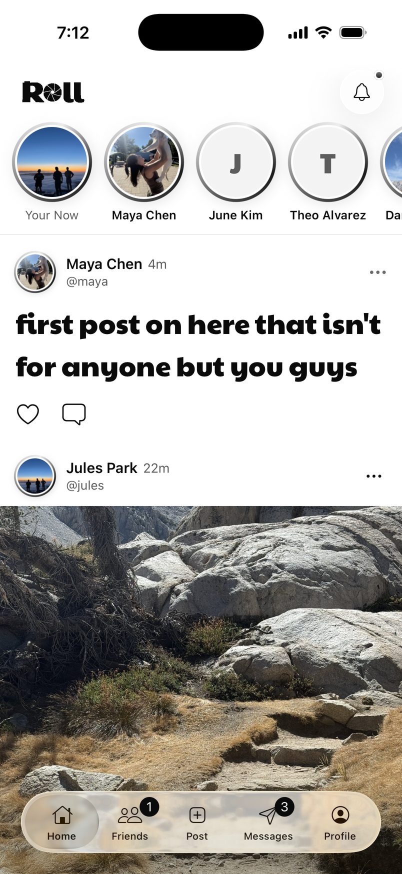 The Roll feed: friends' Now rings along the top, a text post and a photo post.