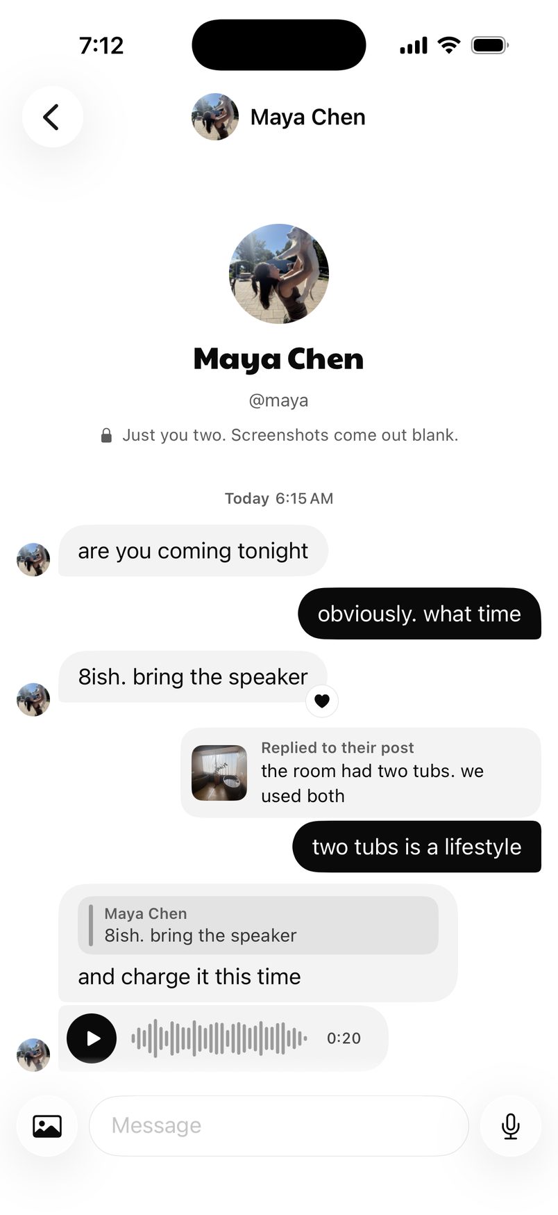 A message thread with a reply to a post and a voice note.
