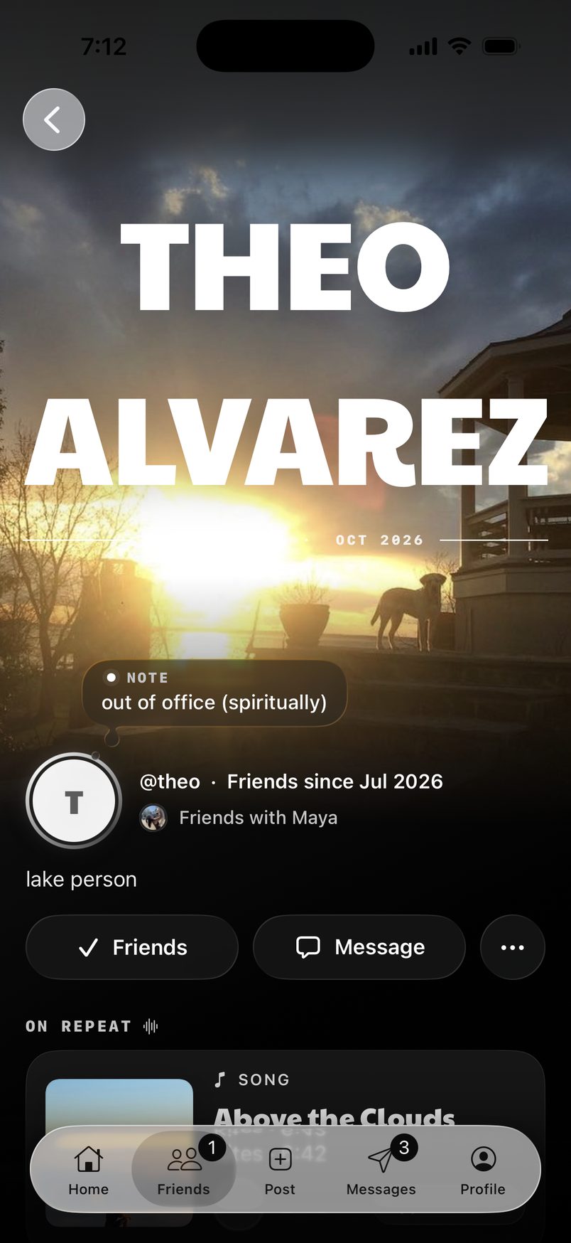 A profile in the Cover layout: the name set large over a cover photo.
