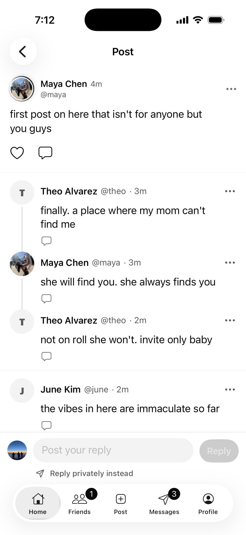 A post with a thread of replies from friends underneath, joined by a thread line.